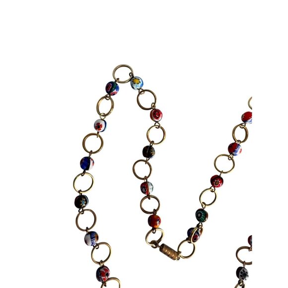 Murano Millefiori Glass Bead Necklace Goldtone Chain Handmade Italian Jewelry - Picture 4 of 5